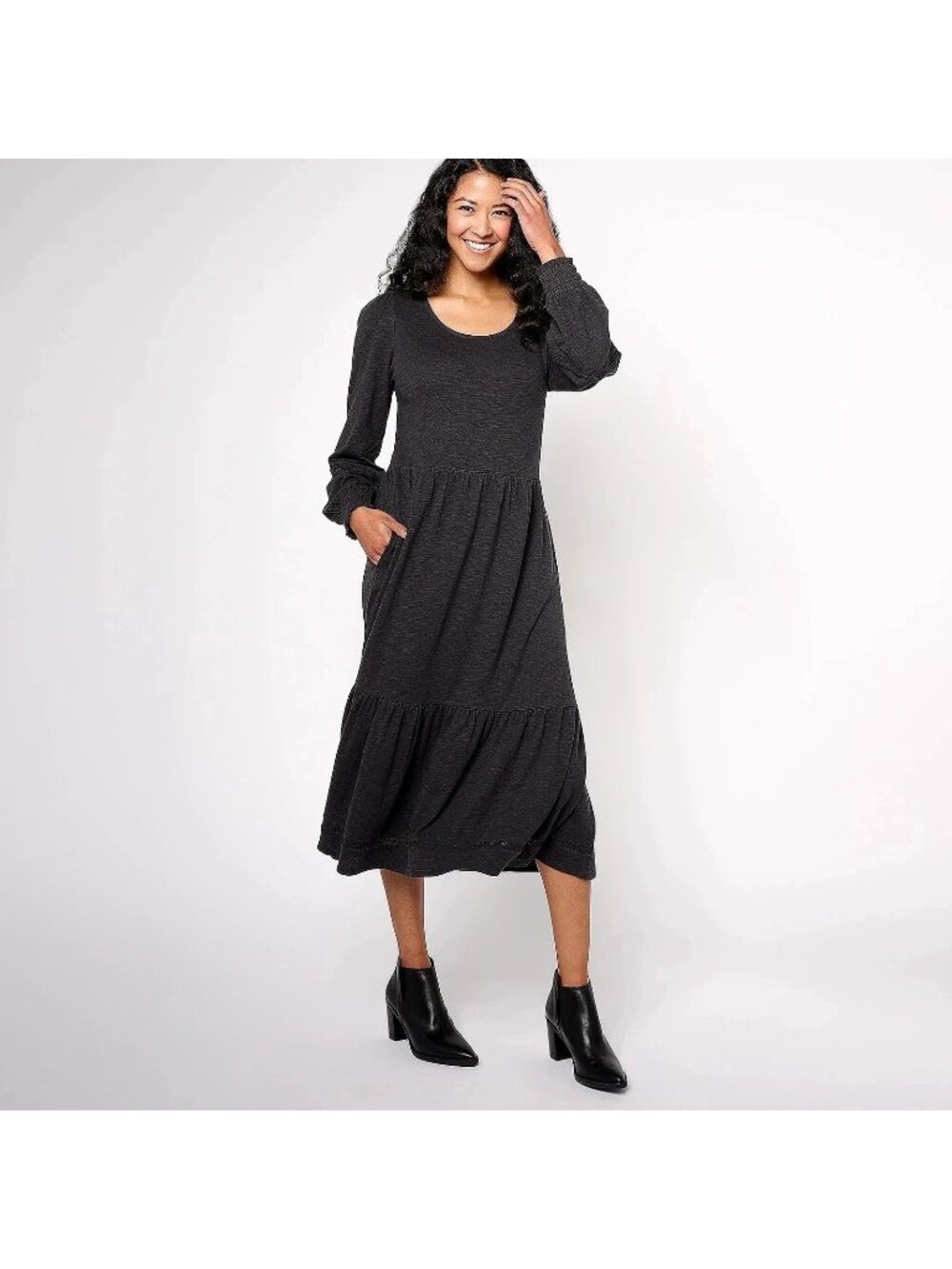 Denim & Co. Canyon Retreat Easy Midi Boot Dress XL Regular Long Sleeve Black NEW